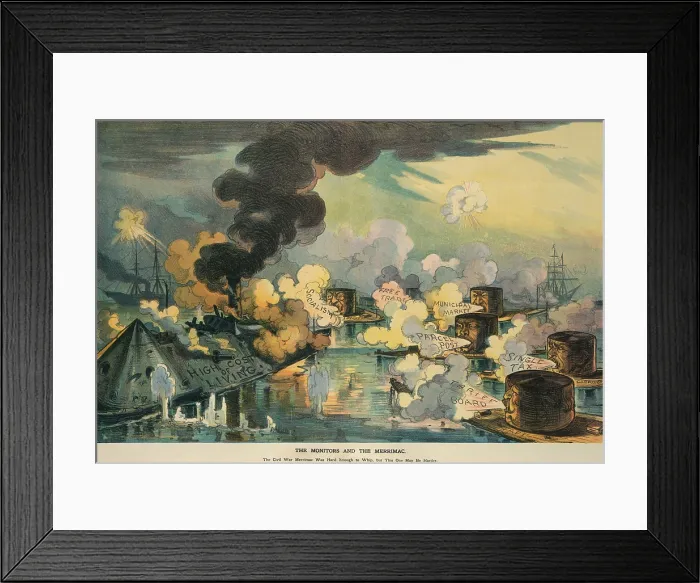 Framed Print : Campaign issues of 1912 as interpreted by a Puck Magazine political cartoon of Feb. 28, 1912. THE MONITORS AND THE MERRIMAC