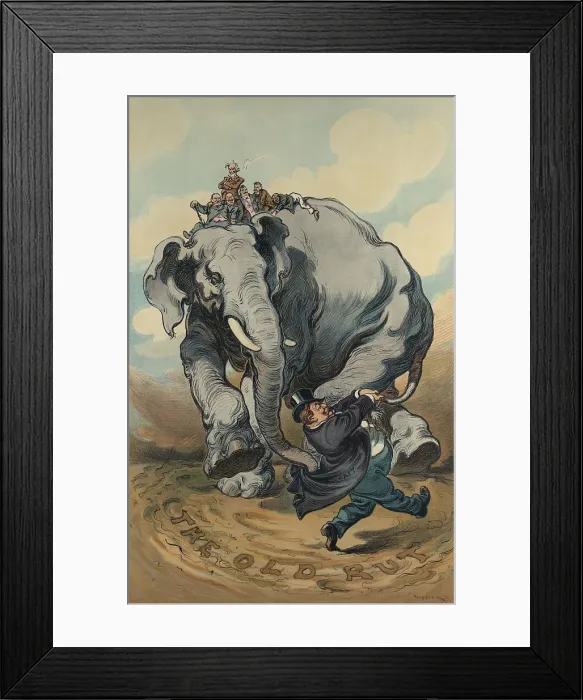 Framed Print : THE LEADER, a political cartoon of President Taft leading the Republican elephant in circles, creating a rut. Puck Magazine, Nov. 10, 1909 Framed Print : THE LEADER, a political cartoon of President Taft leading the Republican elephant in circles, creating a rut. Puck Magazine, Nov. 10, 1909