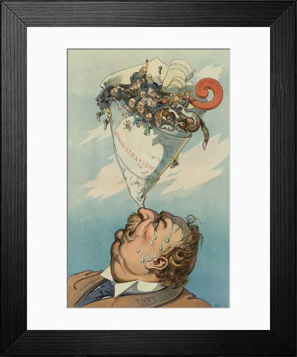 Framed Print : Political cartoon of President Taft balancing a paper cone containing Republican factional splits. A TICKLISH FEAT, in Puck Magazine, Aug. 31, 1910 Framed Print : Political cartoon of President Taft balancing a paper cone containing Republican factional splits. A TICKLISH FEAT, in Puck Magazine, Aug. 31, 1910