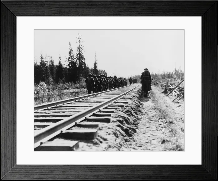 Framed Print : US Infantry, marching along railway lines during the Russian Intervention, 1918-20