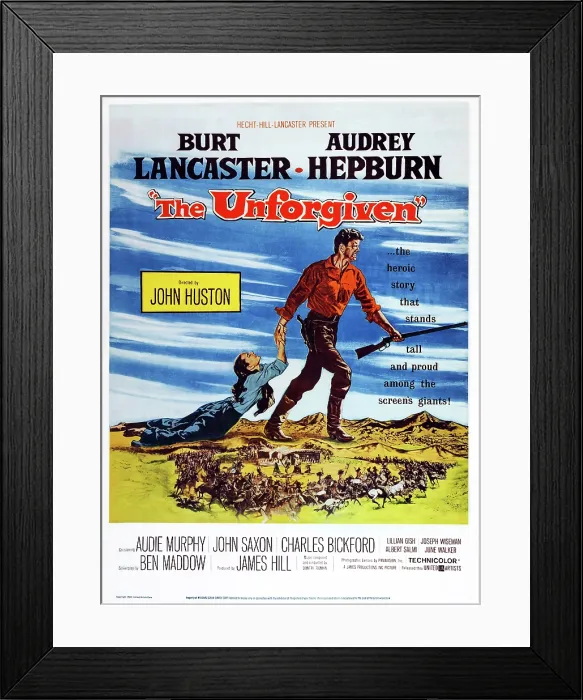 Framed Print : THE UNFORGIVEN, US poster art, from left: Audrey Hepburn, Burt Lancaster, 1960