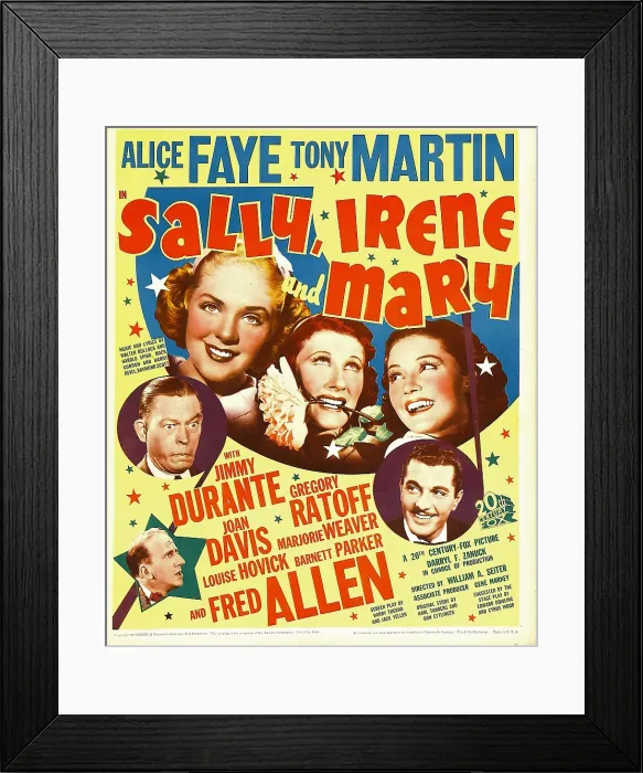 Framed Print : SALLY, IRENE AND MARY, from bottom left: Jimmy Durante, Fred Allen, Alice Faye, Joan Davis, Marjorie Weaver, Tony Martin on window card, 1938