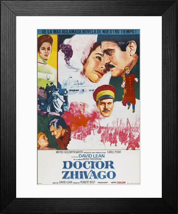 Framed Print : DOCTOR ZHIVAGO, top l-r: Geraldine Chaplin, Omar Sharif, center: Omar Sharif, bottom l-r: Julie Christie, Omar Sharif on Argentinian poster art, 1965