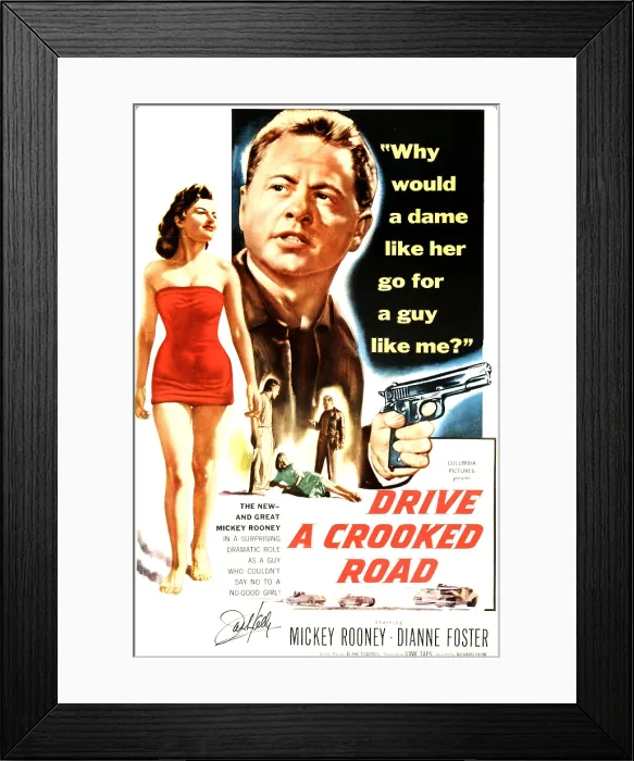 Framed Print : DRIVE A CROOKED ROAD, l-r: Dianne Foster, Mickey Rooney on poster art, 1954 Framed Print : DRIVE A CROOKED ROAD, l-r: Dianne Foster, Mickey Rooney on poster art, 1954