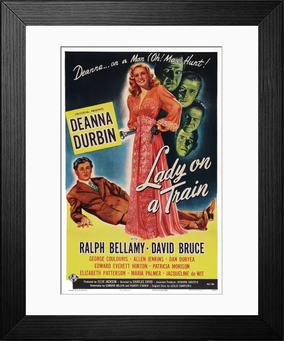 Framed Print : LADY ON A TRAIN, clockwise from lower left, David Bruce, Deanna Durbin, Ralph Bellamy, David Bruce, Dan Duryea, Edward Everett Horton, 1945