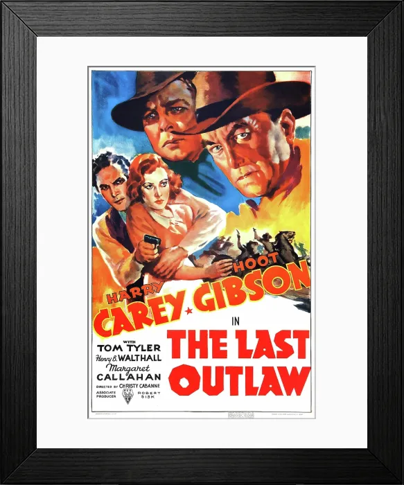 Framed Print : THE LAST OUTLAW, US poster art, from left: Tom Tyler, Margaret Callahan, Hoot Gibson, Harry Carey, 1936