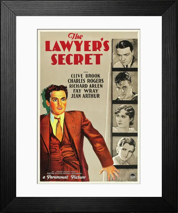 Framed Print : THE LAWYER'S SECRET, US poster art, left: Charles Buddy Rogers, right from top: Clive Brook, Richard Arlen, Fay Wray, Jean Arthur, 1931