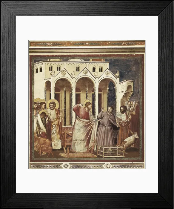 Framed Print : Giotto di Bondone (1267-1337). Scenes from the Life of Christ: 11. Expulsion of the Money-changers from the Temple. ITALY. Padua. Scrovegni Chapel. Renaissance art. Trecento Framed Print : Giotto di Bondone (1267-1337). Scenes from the Life of Christ: 11. Expulsion of the Money-changers from the Temple. ITALY. Padua. Scrovegni Chapel. Renaissance art. Trecento