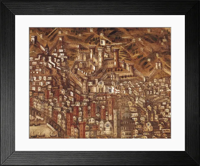 Framed Print : GRASSI, Cristoforo (16th c.). Port of Genoa. 1597. Upper right detail with 'Il Castelleto'. Inspired in an anonymous oil of 1482. Oil on canvas. ITALY. Genoa. Pegli