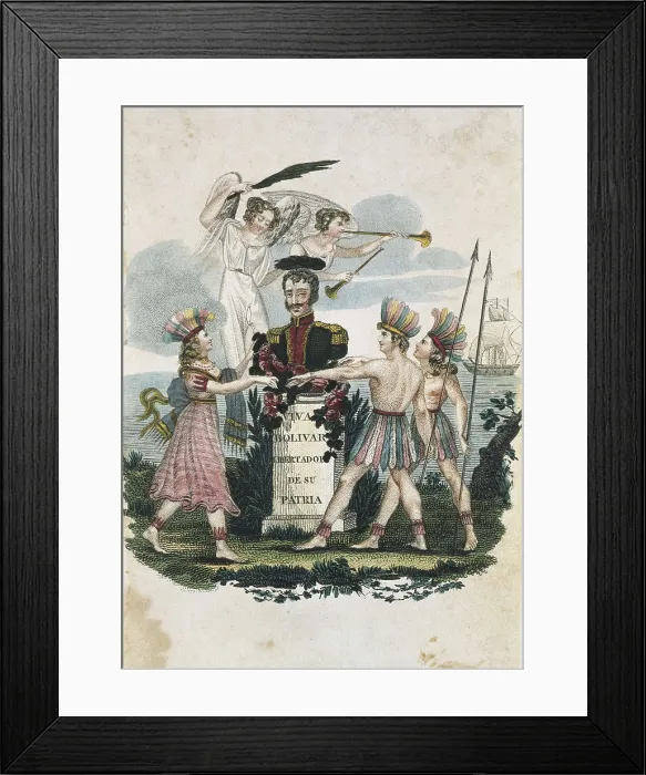 Framed Print : BOLIVAR, Simn (1783-1830). Bust of Simon Bolivar surrounded by angels and colonists. On the base there is an inscription: 'Simon Bolivar Liberator of his country' Framed Print : BOLIVAR, Simn (1783-1830). Bust of Simon Bolivar surrounded by angels and colonists. On the base there is an inscription: 'Simon Bolivar Liberator of his country'