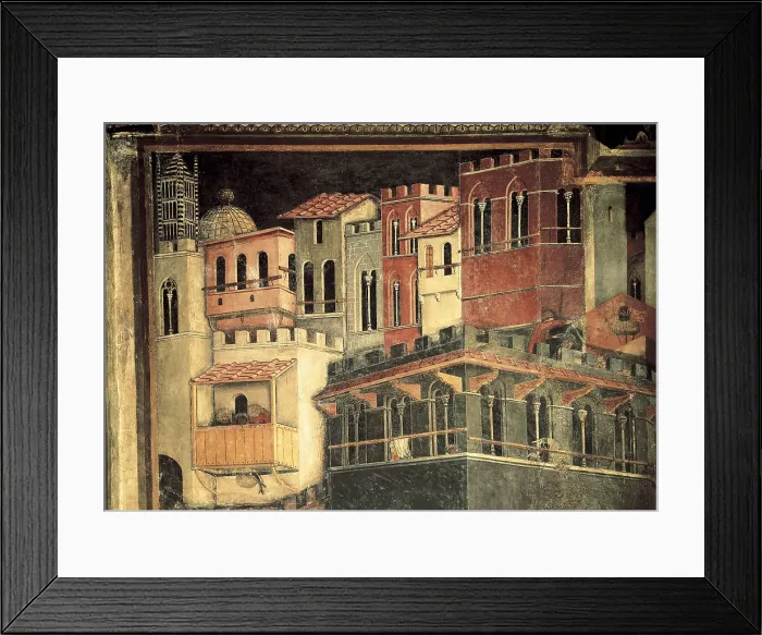 Framed Print : LORENZETTI, Ambrogio (1285-1348). Allegory of the Good Government: Effects of Good Government on the City Life. 1338-1340. ITALY. Siena. Public Palace. Central detail Framed Print : LORENZETTI, Ambrogio (1285-1348). Allegory of the Good Government: Effects of Good Government on the City Life. 1338-1340. ITALY. Siena. Public Palace. Central detail