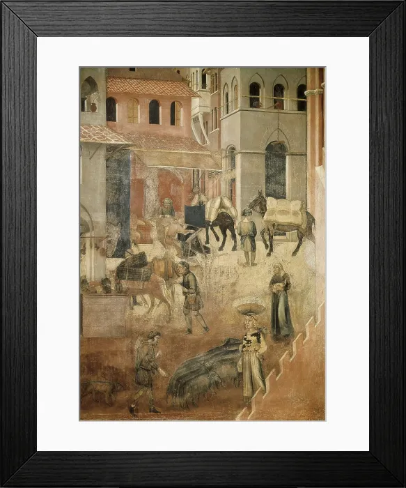 Framed Print : LORENZETTI, Ambrogio (1285-1348). Allegory of the Good Government: Effects of Good Government on the City Life. 1338-1340. ITALY. Siena. Public Palace. Right detail