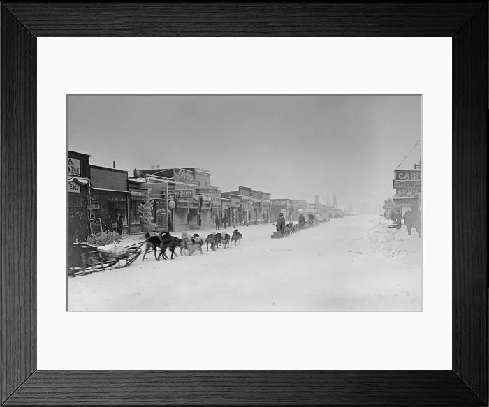 Framed Print : Dog teams leaving Anchorage, Alaska, c. 1909-1920. In Alaska's winter, dog sleds were the only way to travel and delivered mail, gold ore, food, furs, and other supplies