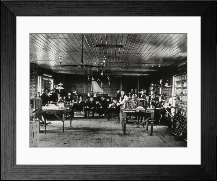 Framed Print : UNITED STATES OF AMERICA. NEW JERSEY. Menlo Park. Thomas Edison's laboratory in Menlo Park (1880). From left to right: L. K. Boehm, C. L