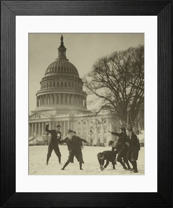 Framed Print : Seven Senate page boys in snowball battle in front of U.S. Capitol, ca. 1920 (BSLOC_2016_10_187) Framed Print : Seven Senate page boys in snowball battle in front of U.S. Capitol, ca. 1920 (BSLOC_2016_10_187)