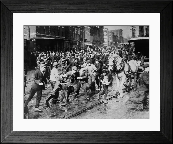 Framed Print : Young male rioters charging a strike-breaking horse-drawn car, Feb. 19, 1910