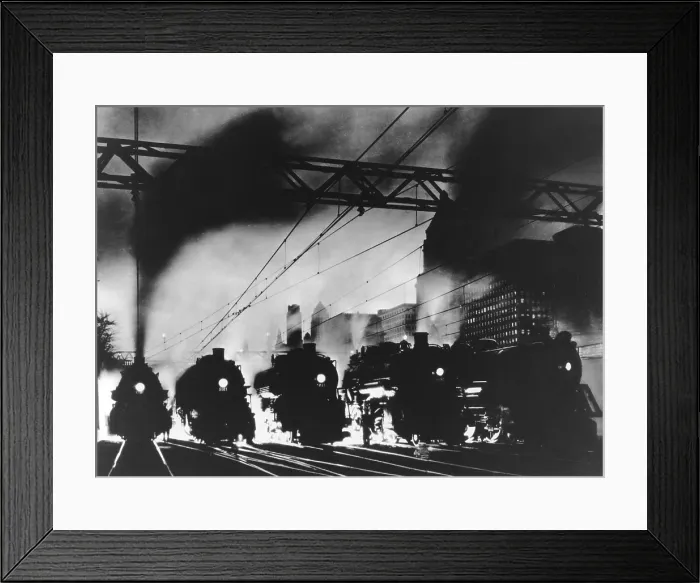 Framed Print : Five steam locomotives, side by side, outbound from Chicago at dusk, c. 1940 (BSLOC_2016_10_179)