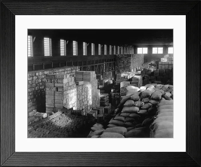 Framed Print : Quartermaster supplies in warehouse at Vladivostok, containing American war material