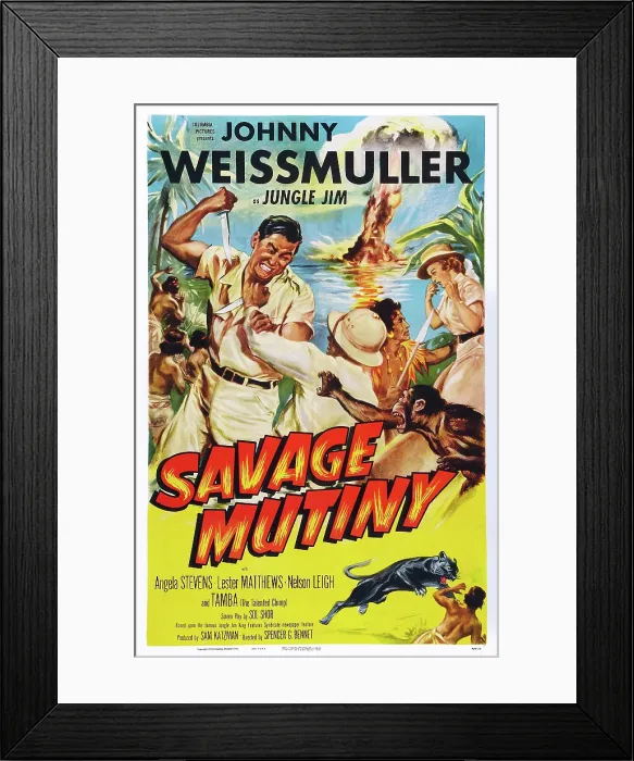 Framed Print : SAVAGE MUTINY, poster art, left: Johnny Weissmuller, far right: Angela Stevens, bottom: Tamba the Chimp 1953 Framed Print : SAVAGE MUTINY, poster art, left: Johnny Weissmuller, far right: Angela Stevens, bottom: Tamba the Chimp 1953