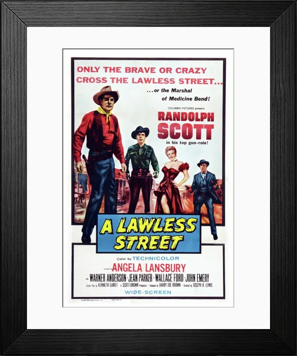 Framed Print : A LAWLESS STREET, US poster art, from left: Randolph Scott, Michael Pate, Angela Lansbury, Warner Anderson, 1955 Framed Print : A LAWLESS STREET, US poster art, from left: Randolph Scott, Michael Pate, Angela Lansbury, Warner Anderson, 1955