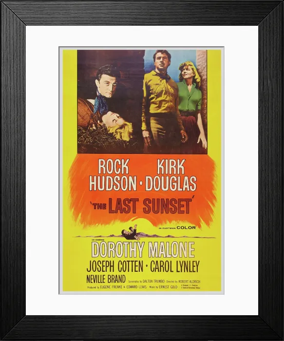 Framed Print : THE LAST SUNSET, US poster art, from let: Kirk Douglas, Carol Linley, Rock Hudson, Dorothy Malone, 1961