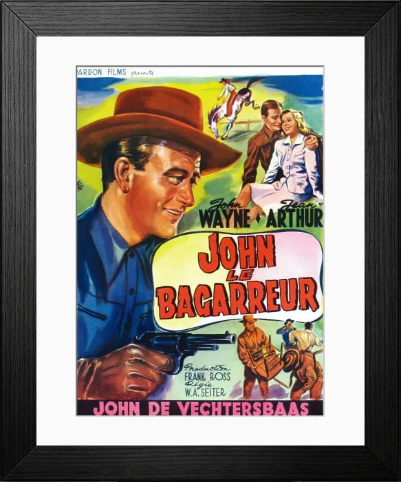 Framed Print : A LADY TAKES A CHANCE, (aka THE COWBOY AND THE GIRL, aka JOHN LE BAGARREUR), top: John Wayne, Jean Arthur, left: John Wayne on Belgian poster art, 1943 Framed Print : A LADY TAKES A CHANCE, (aka THE COWBOY AND THE GIRL, aka JOHN LE BAGARREUR), top: John Wayne, Jean Arthur, left: John Wayne on Belgian poster art, 1943