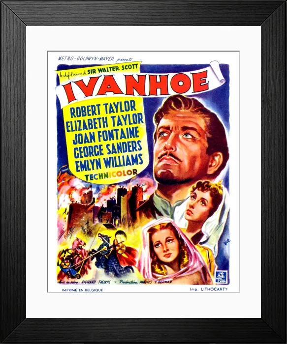 Framed Print : IVANHOE, on right, from top: Robert Taylor, Elizabeth Taylor, Joan Fontaine; Belgian poster, 1952
