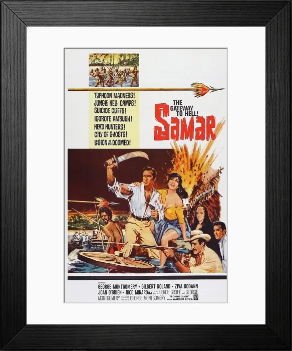 Framed Print : SAMAR, l-r: from left: George Montgomery, Ziva Rodann, Gilbert Roland, Joan O'Brien, Nico Minardos, (back right), poster art, 1962