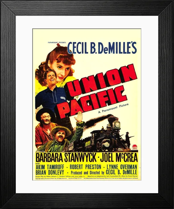 Framed Print : UNION PACIFIC, from top: Barbara Stanwyck, Joel McCrea, Lynne Overman, Akim Tamiroff on midget window card, 1939