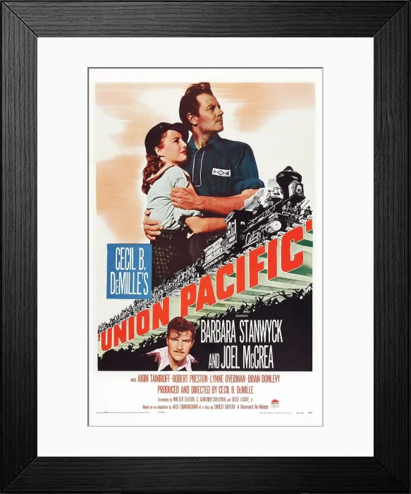 Framed Print : UNION PACIFIC, US poster art from top left, Joel McCrea, Barbara Stanwyck, Robert Preston, 1939