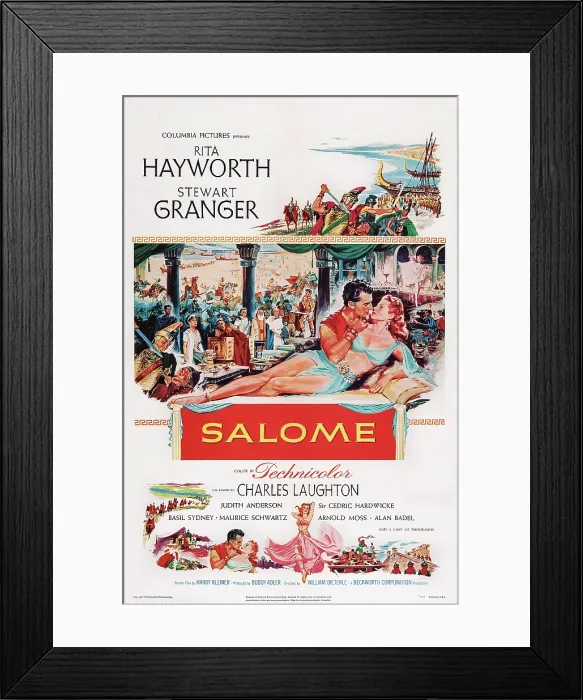 Framed Print : SALOME, US poster, face to face from left: Stewart Granger, Rita Hayworth, 1953