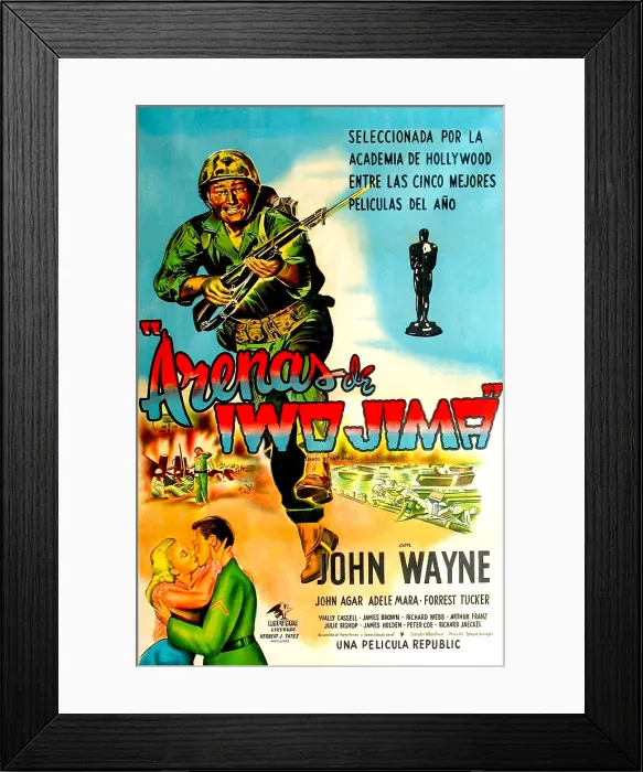 Framed Print : SANDS OF IWO JIMA, upper left: John Wayne; lower left, from left: Adele Mara, John Agar on circa early-1950s Spanish poster art, 1949