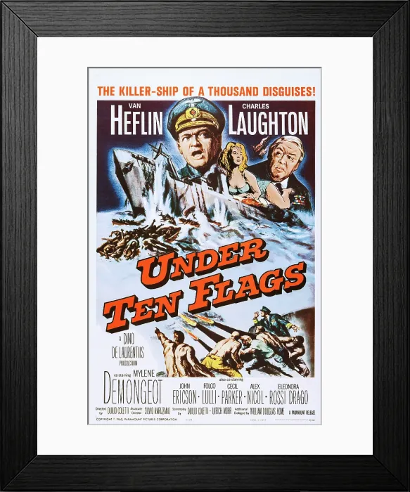 Framed Print : UNDER TEN FLAGS, (aka SOTTO DIECI BANDIERE), US poster art, top from left: Van Heflin, Charles Laughton, 1960