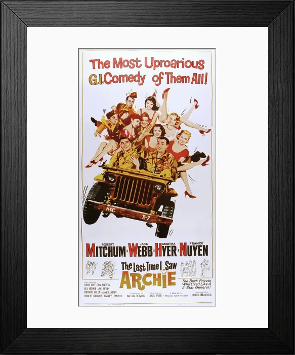 Framed Print : THE LAST TIME I SAW ARCHIE, front from left: Jack Webb, Robert Mitchum, rear in uniform from left: Don Knotts, Robert Strauss, Louis Nye, France Nuyen (behind Webb) Framed Print : THE LAST TIME I SAW ARCHIE, front from left: Jack Webb, Robert Mitchum, rear in uniform from left: Don Knotts, Robert Strauss, Louis Nye, France Nuyen (behind Webb)