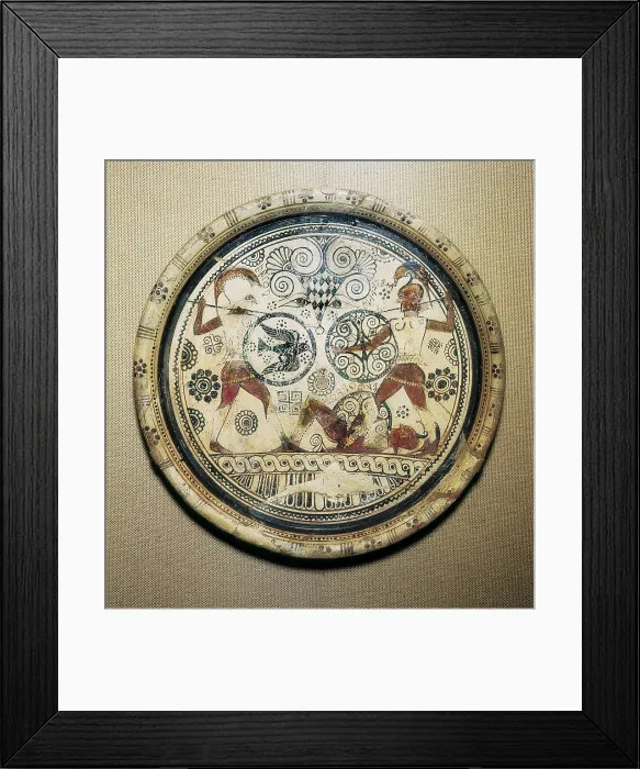 Framed Print : Clay plaque of Rhodes. 7th c. BC. Hector and Menelaus fight on Euphorbus body. Scene of Homer's Iliad. Archaic Greek art. Ceramics. UNITED KINGDOM. London Framed Print : Clay plaque of Rhodes. 7th c. BC. Hector and Menelaus fight on Euphorbus body. Scene of Homer's Iliad. Archaic Greek art. Ceramics. UNITED KINGDOM. London