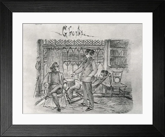 Framed Print : BEARDSLEY, Aubrey Vincent (1872-1898). Scene from the play 'Ghosts'. 1890. Scene from the first act of the play 'Ghosts' by Henrik Ibsen. Engraving Framed Print : BEARDSLEY, Aubrey Vincent (1872-1898). Scene from the play 'Ghosts'. 1890. Scene from the first act of the play 'Ghosts' by Henrik Ibsen. Engraving