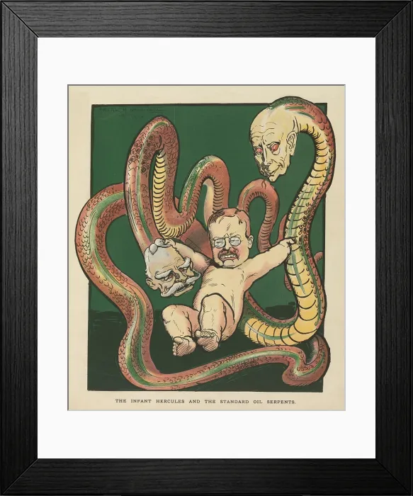 Framed Print : THE INFANT HERCULES AND THE STANDARD OIL SERPENTS, May 23, 1906. Puck Magazine political cartoon shows Theodore Roosevelt fighting snakes with the heads of Nelson W