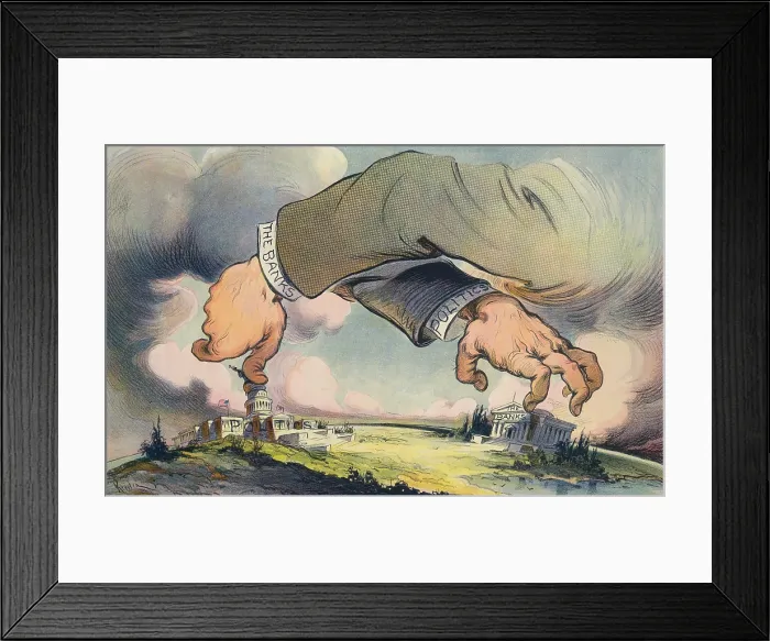 Framed Print : HANDS ACROSS THE LAND, political cartoon about the relationship between Politics and Banks. Puck Magazine, Aug. 20, 1913 Framed Print : HANDS ACROSS THE LAND, political cartoon about the relationship between Politics and Banks. Puck Magazine, Aug. 20, 1913