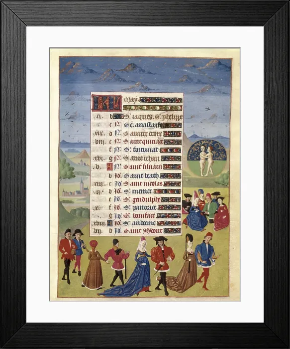 Framed Print : JEAN ROLIN, Maestro de(15th c.); ADELAIDA DE SABOYA, Maestro de(15th c.). The Hours of Adelaide of Savoy, Duchess of Burgundy. 1460-1465. The Month of May. Dances and games