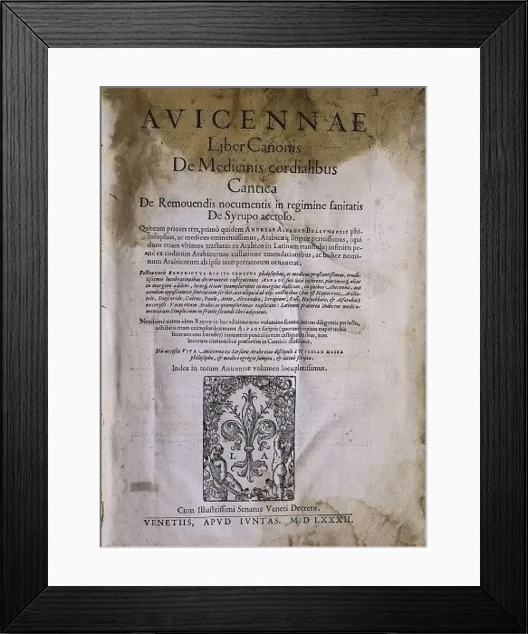 Framed Print : AVICENNA (980-1037). 'Liber Canonis De Medicinis cordialibus Cantica' or 'Canon Mayor'. Published in Venice (1582). SPAIN. Salamanca