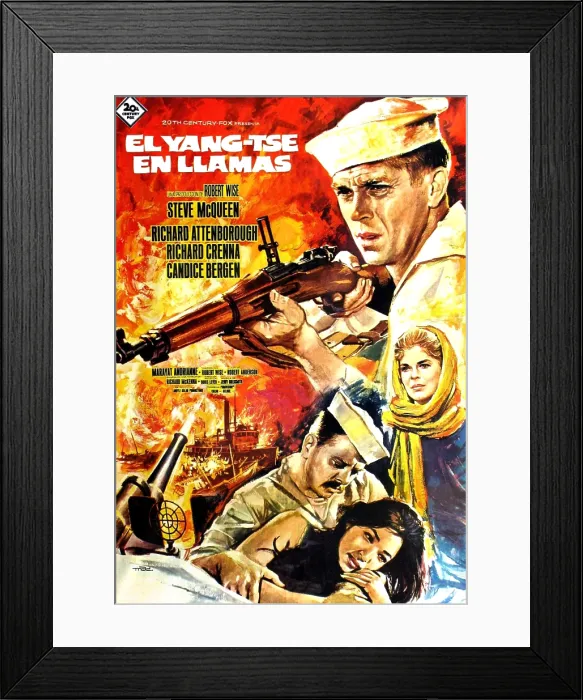 Framed Print : THE SAND PEBBLES, (aka EL YANG-TSE EN LLAMAS), from top: Steve McQueen, Candice Bergen, bottom: Richard Attenborough, Marayat Andriane on Spanish poster art, 1966 Framed Print : THE SAND PEBBLES, (aka EL YANG-TSE EN LLAMAS), from top: Steve McQueen, Candice Bergen, bottom: Richard Attenborough, Marayat Andriane on Spanish poster art, 1966