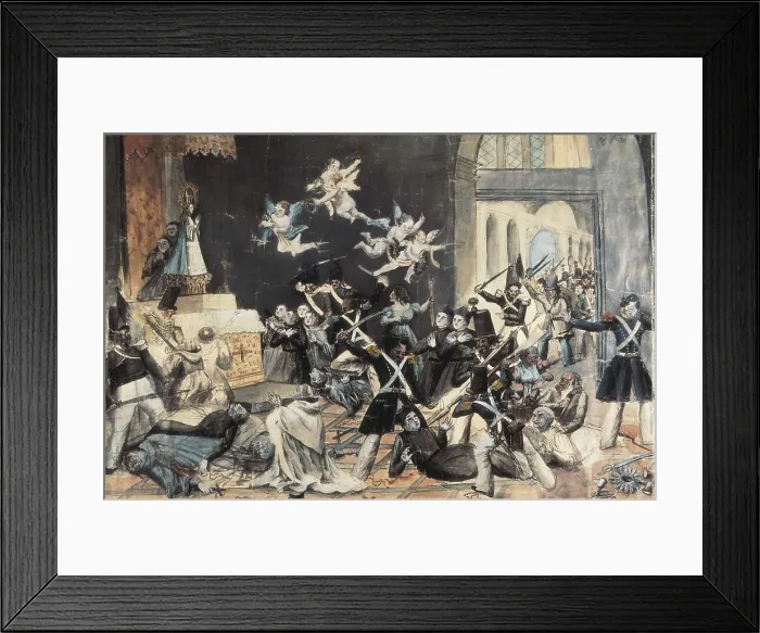 Framed Print : Spain (1834). Beheading of monks, acussed of poisoning the public fountains during a epidemic of cholera in Madrid. Watercolour by Ramn Pulido. Watercolour. SPAIN. Madrid Framed Print : Spain (1834). Beheading of monks, acussed of poisoning the public fountains during a epidemic of cholera in Madrid. Watercolour by Ramn Pulido. Watercolour. SPAIN. Madrid