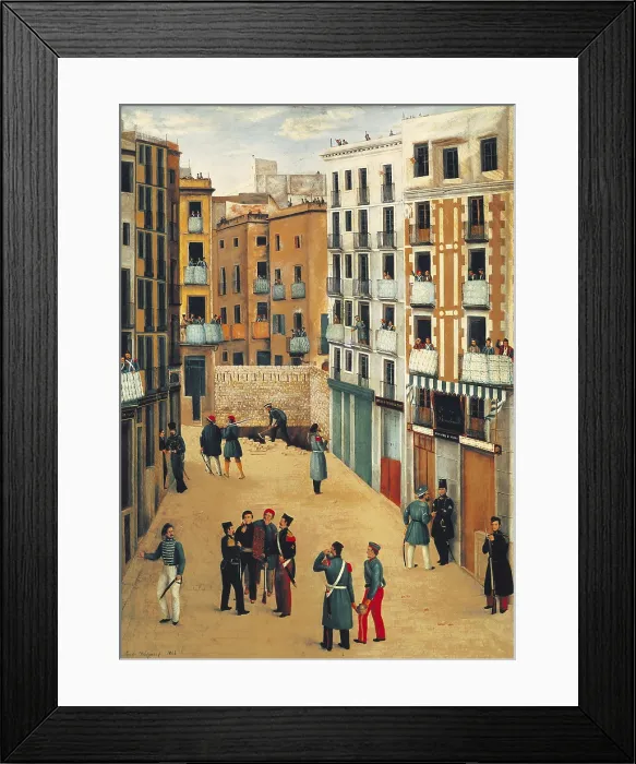 Framed Print : Spain (1842). Barcelona. Members of the revolted troops against Espartero's government speaking to the members of the Batall de la Brusa (Blouse Bataillon) on the Bajada de la Llibreteria street