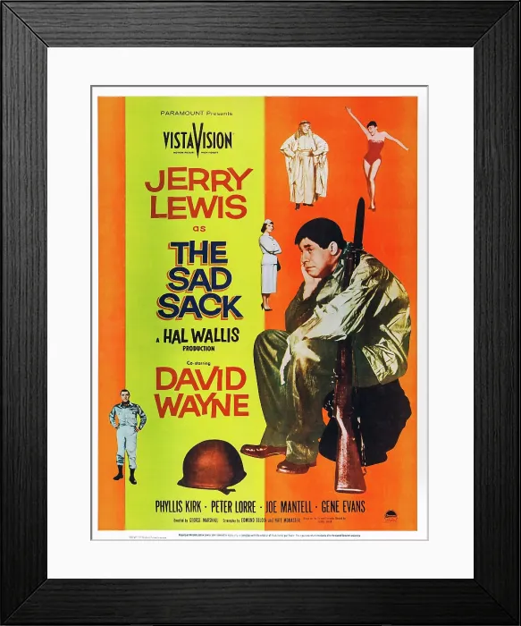 Framed Print : THE SAD SACK, US poster art, Peter Lorre, (second from top right), Phyllis Kirk, (center), David Wayne, (bottom left), Jerry Lewis, (right), 1957
