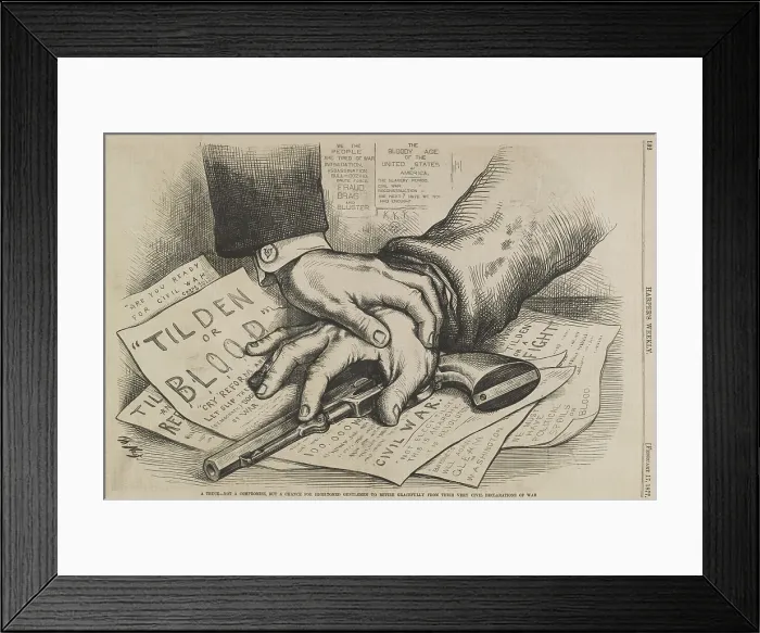 Framed Print : TILDEN OR BLOOD, political cartoon by Thomas Nast in the Republican newspaper, HARPERS WEEKLY, Feb. 17, 1877 Framed Print : TILDEN OR BLOOD, political cartoon by Thomas Nast in the Republican newspaper, HARPERS WEEKLY, Feb. 17, 1877