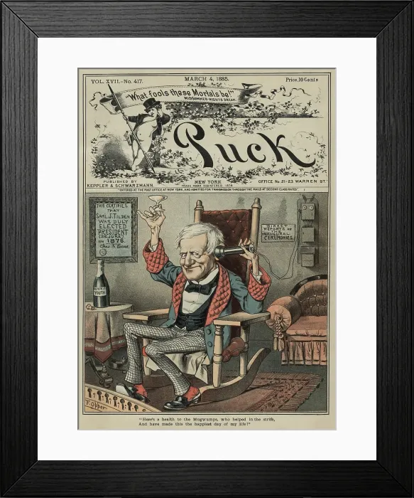 Framed Print : Front page of PUCK, March 4, 1885, shows Samuel Tilden sitting raising a glass and holding a telephone receiver to his ear