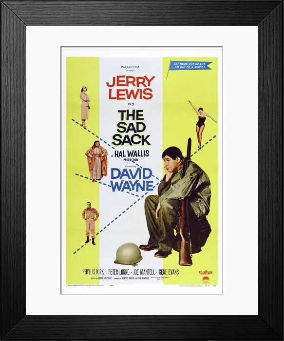 Framed Print : THE SAD SACK, US poster art, left, from top: Phyllis Kirk, Peter Lorre, David Wayne; bottom left: Jerry Lewis, 1957