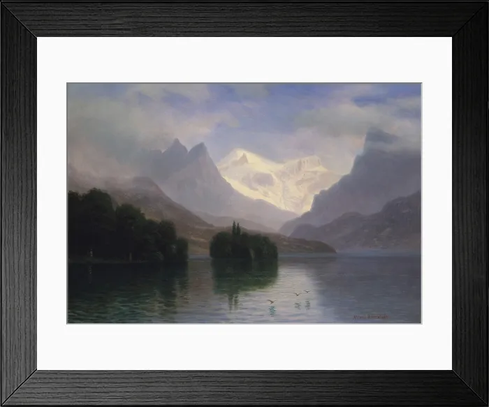 Framed Print : MOUNTAIN SCENE, by Albert Bierstadt, 1880-90, American painting, oil on paper. Bierstadt worked in close collaboration with photographers