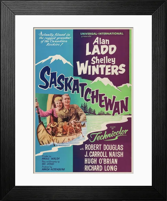 Framed Print : SASKATCHEWAN, US poster art: top, from left: Shelley Winters, Alan Ladd; in boat: Shelley Winters, Alan Ladd, J. Carroll Naish, 1954
