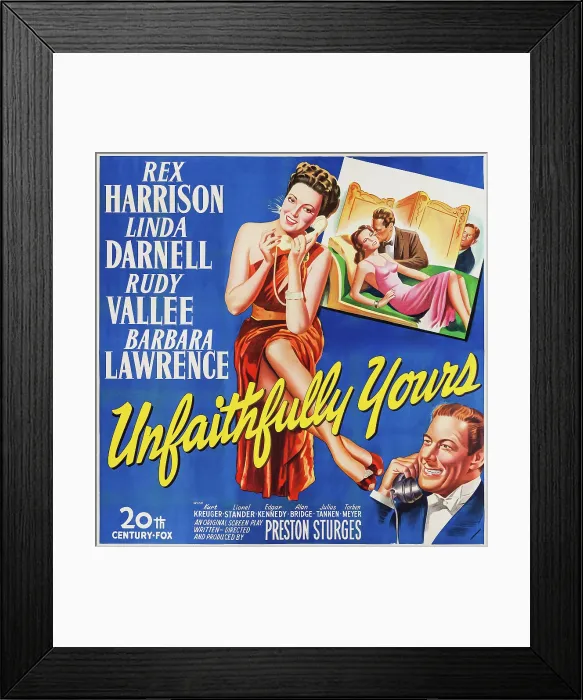 Framed Print : UNFAITHFULLY YOURS, US poster, with phones from left: Linda Darnell, Rex Harrison, in box from left: Linda Darnell, Rex Harrison, Rudy Vallee, 1948 Framed Print : UNFAITHFULLY YOURS, US poster, with phones from left: Linda Darnell, Rex Harrison, in box from left: Linda Darnell, Rex Harrison, Rudy Vallee, 1948
